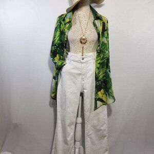 Live 4 Truth Women's M Green Floral Tropical Sheer Long Sleeve Beach Cover-Up